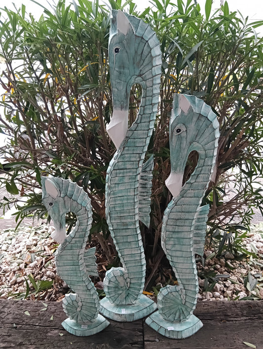 Hand-Carved Wooden Seahorse Sculpture – Coastal Decor in Blue, Teal, or Brown