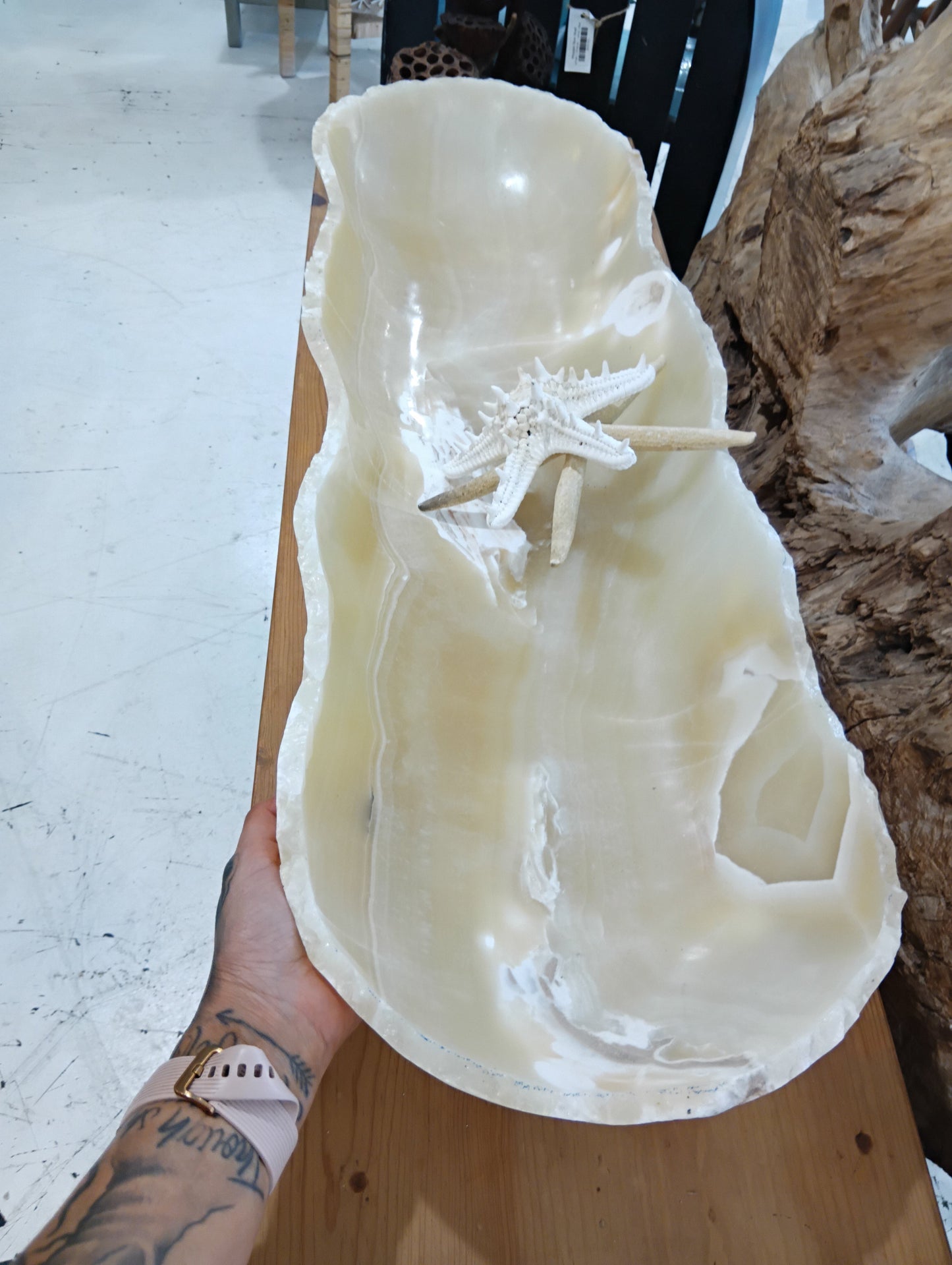 Honey Onyx Decorative Bowl – 34" Long Hand-Carved Centerpiece