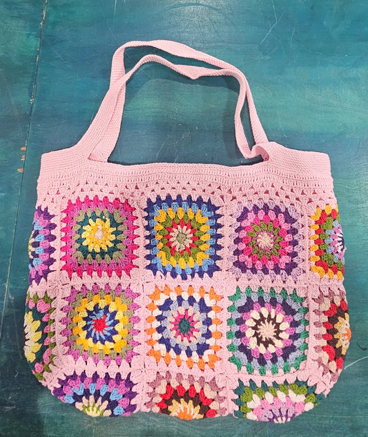 Handmade Crochet Granny Square Tote Bag – Boho Vintage Purse in 4 Colors