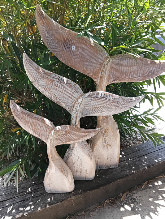 Large Handcrafted Natural Wooden Whale Tail