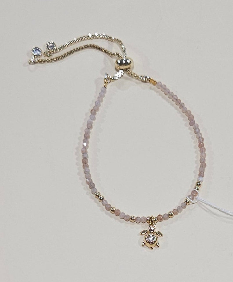 Natural Gemstone Bracelet with Turtle Charm – Adjustable Fit