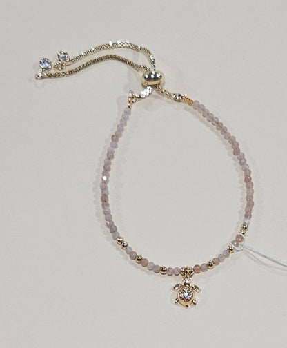 Natural Gemstone Bracelet with Turtle Charm – Adjustable Fit