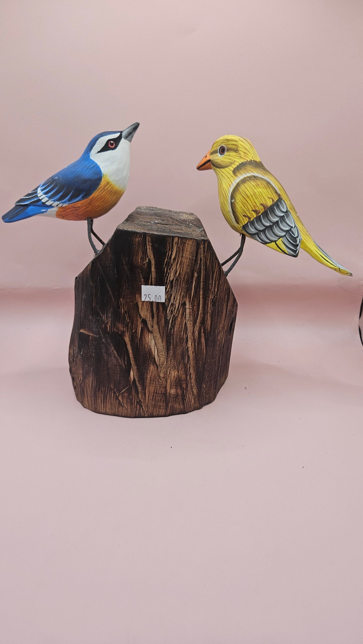 Handmade Wooden Songbird Figurines – on Natural Stump Base-Rustic Woodland Decor