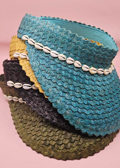Cowrie Shell Woven Palm Leaf Visor – Handmade Straw Sun Hat with Elastic Band | Black, Blue, Green, or Yellow