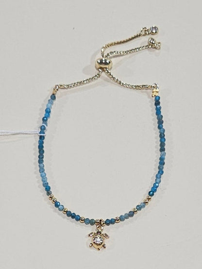 Natural Gemstone Bracelet with Turtle Charm – Adjustable Fit