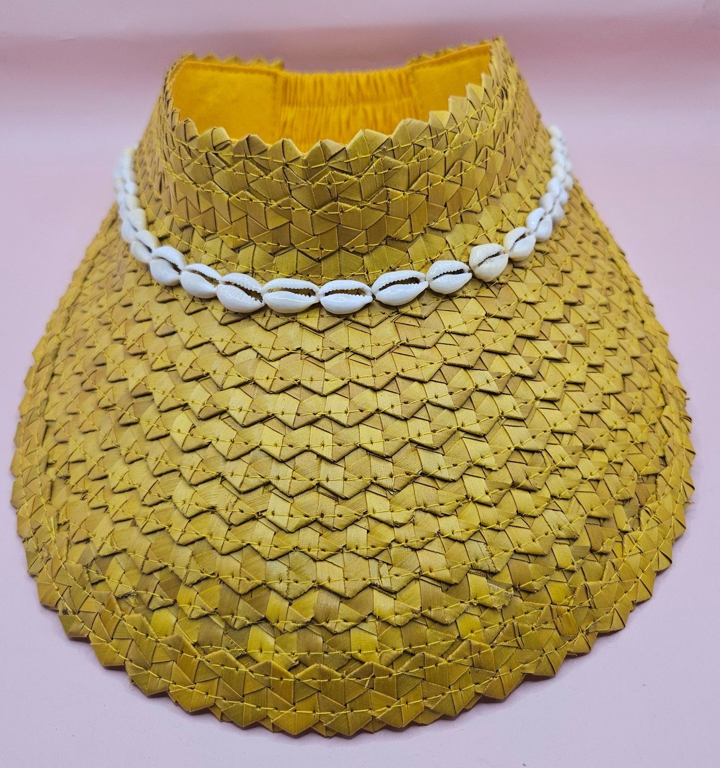 Cowrie Shell Woven Palm Leaf Visor – Handmade Straw Sun Hat with Elastic Band | Black, Blue, Green, or Yellow