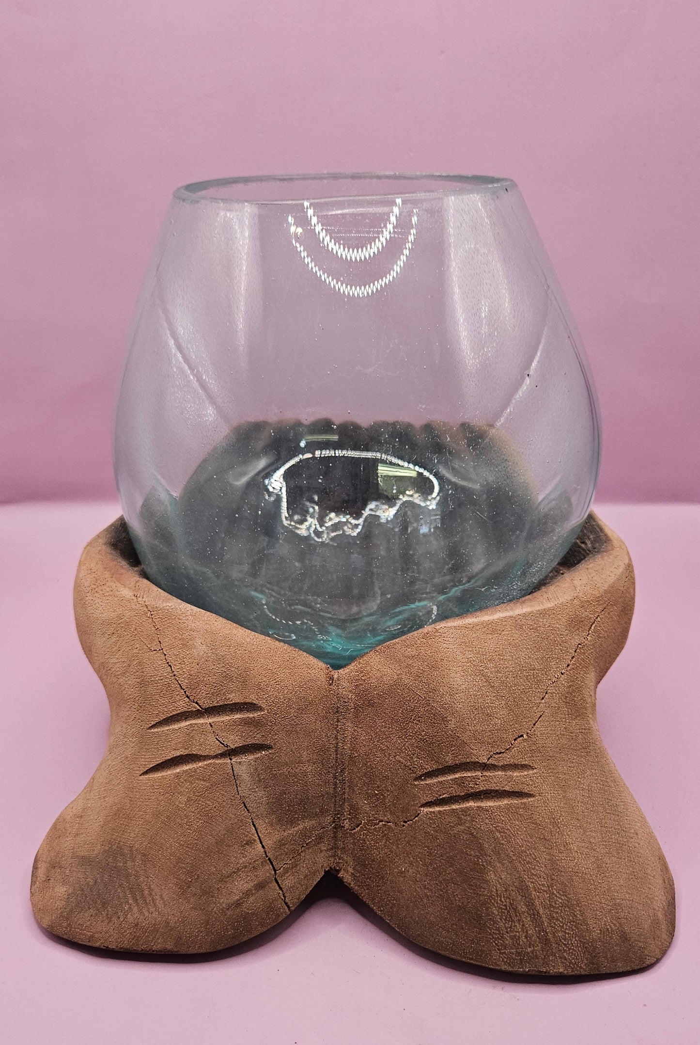 Carved Wooden Hand and Molten Glass Terrarium