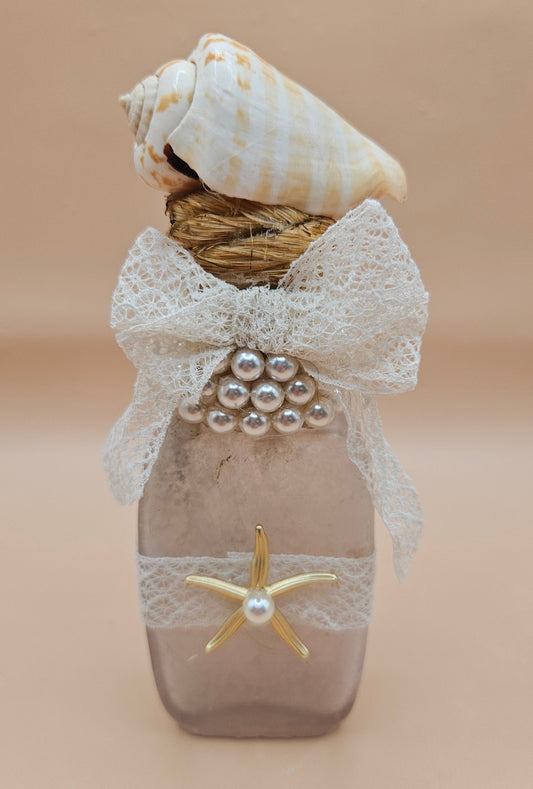 Vintage Coastal Decor Bottle – 5.5"x2" – Seashell & Starfish Embellished Nautical Accent