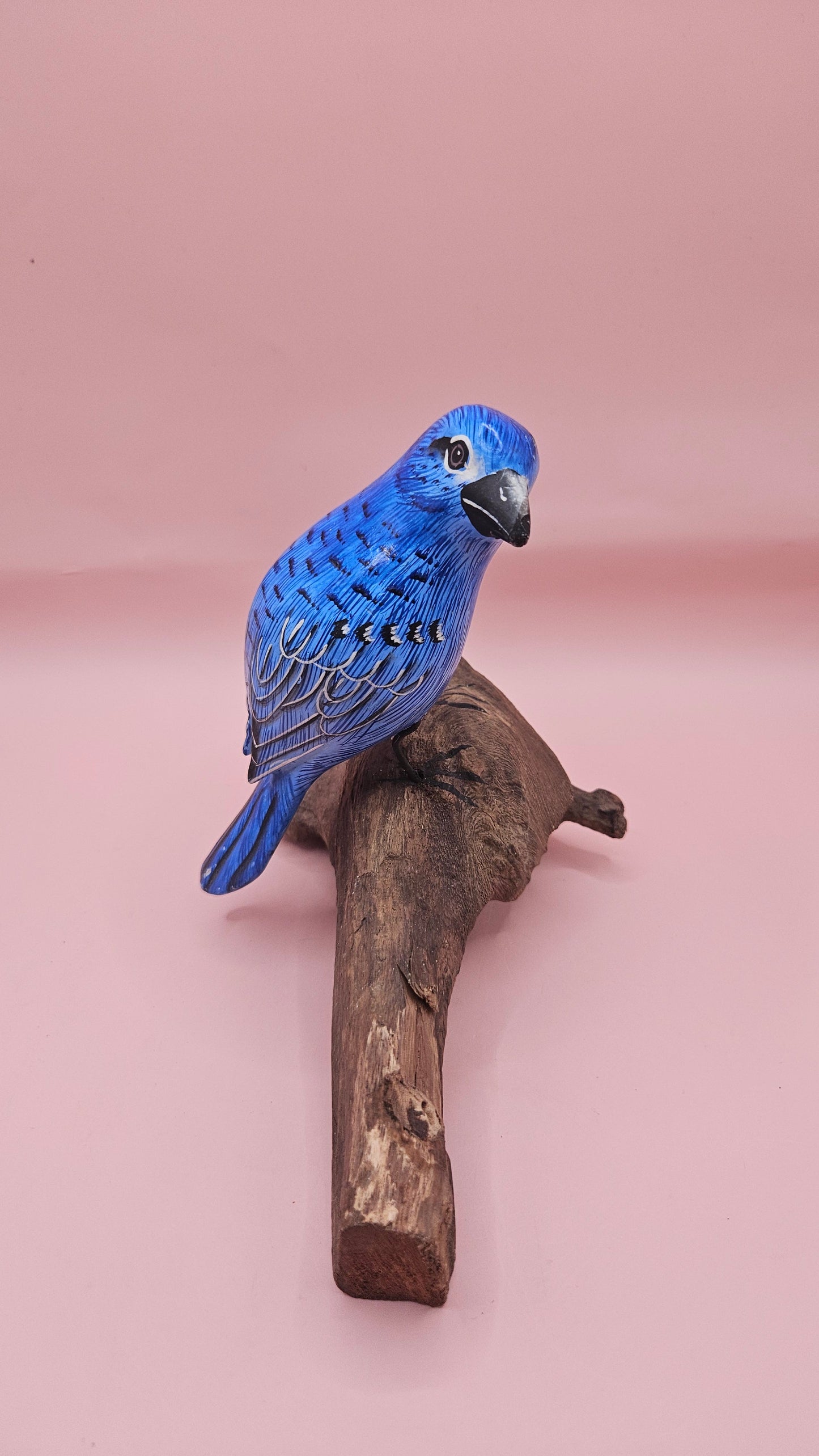 Handmade Blue Songbird on Driftwood Perch – 6.7x4.5 Folk Art Bird Sculpture