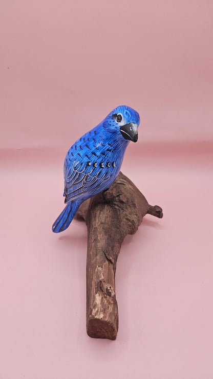 Handmade Blue Songbird on Driftwood Perch – 6.7x4.5 Folk Art Bird Sculpture