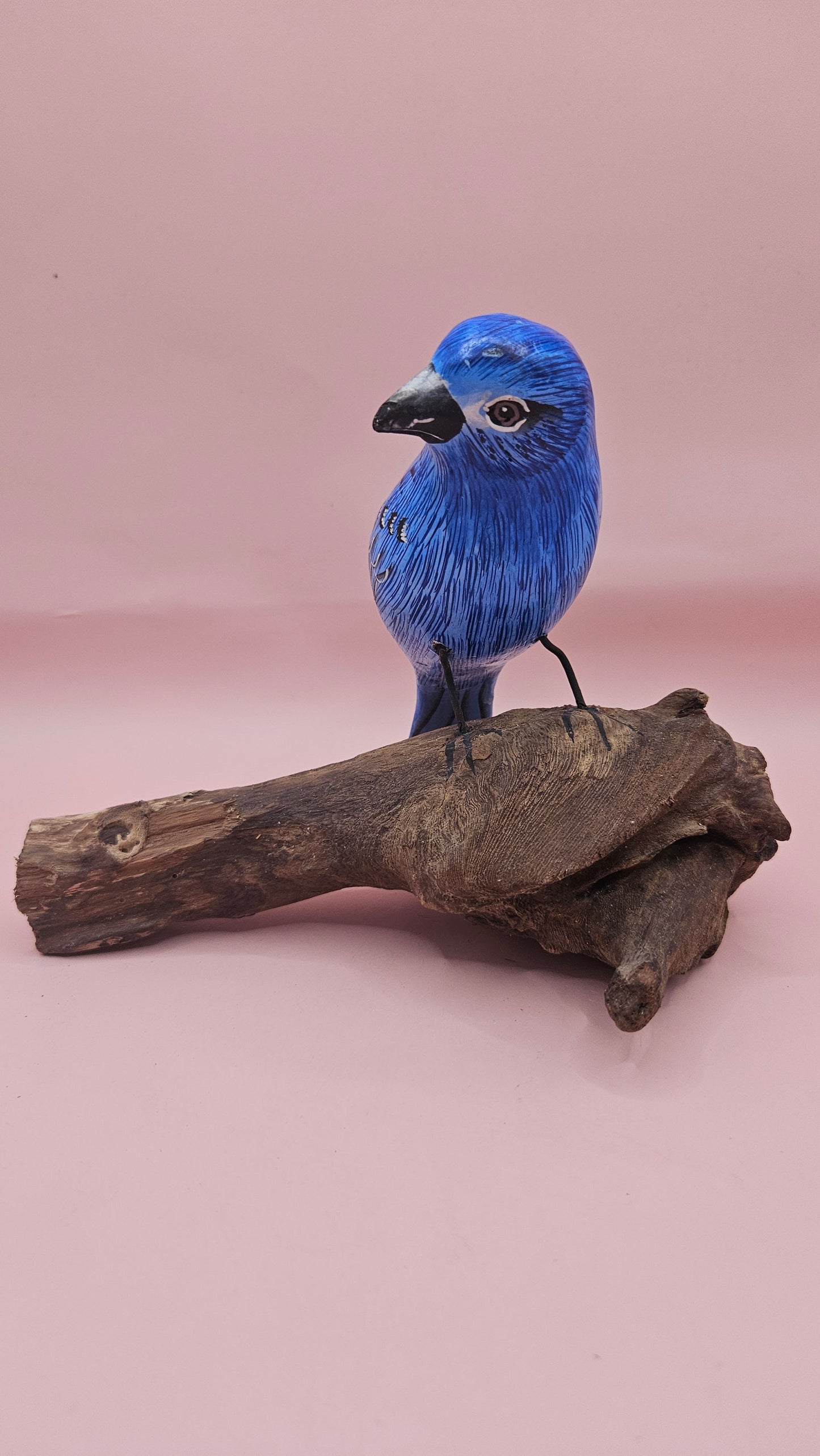 Handmade Blue Songbird on Driftwood Perch – 6.7x4.5 Folk Art Bird Sculpture
