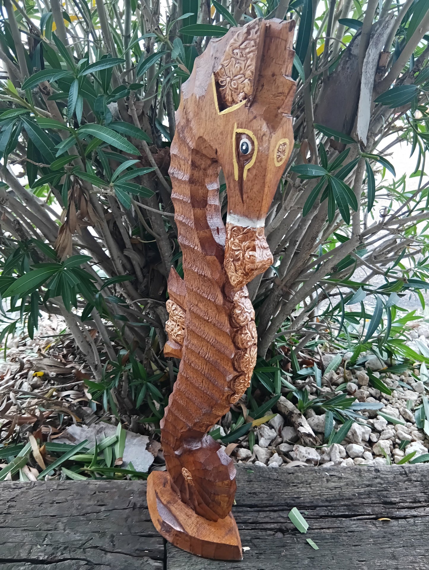 Hand-Carved Wooden Seahorse Sculpture – Coastal Decor in Blue, Teal, or Brown