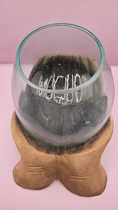 Carved Wooden Hand and Molten Glass Terrarium