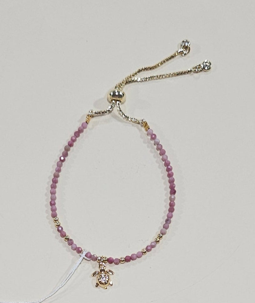 Natural Gemstone Bracelet with Turtle Charm – Adjustable Fit