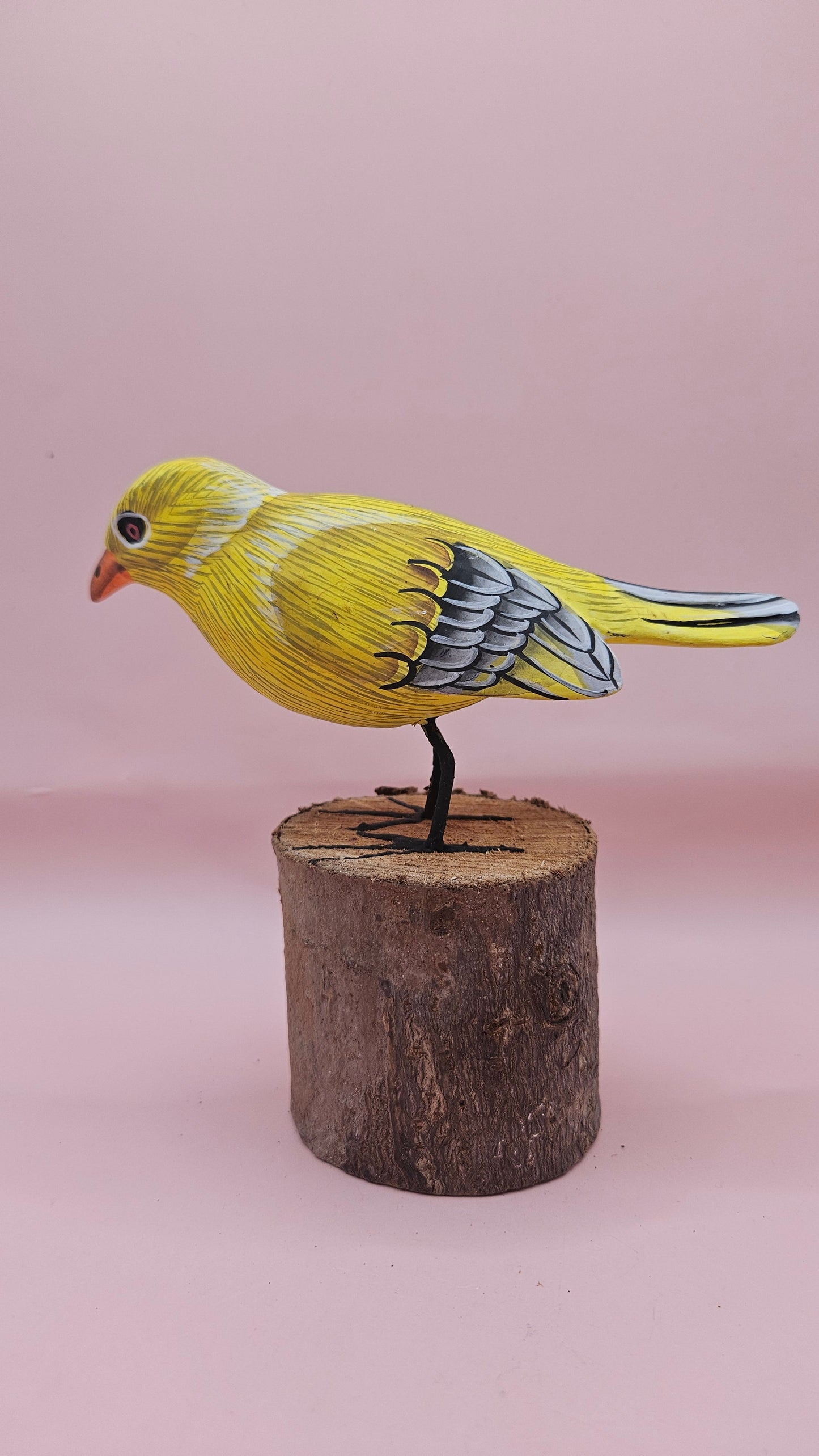 Handcrafted Yellow Songbird on Wood Stump – 5.5x5 Folk Art Bird Decor