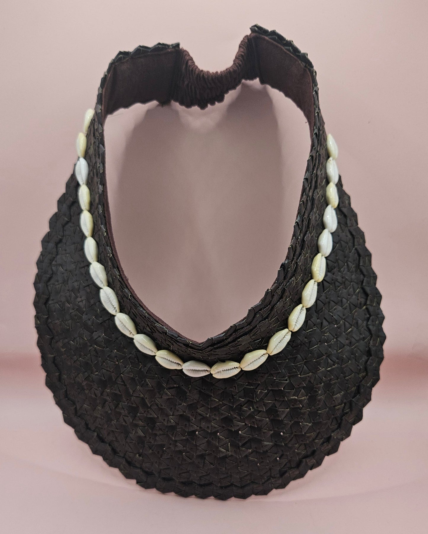 Cowrie Shell Woven Palm Leaf Visor – Handmade Straw Sun Hat with Elastic Band | Black, Blue, Green, or Yellow