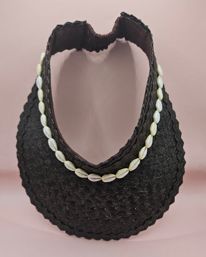 Cowrie Shell Woven Palm Leaf Visor – Handmade Straw Sun Hat with Elastic Band | Black, Blue, Green, or Yellow