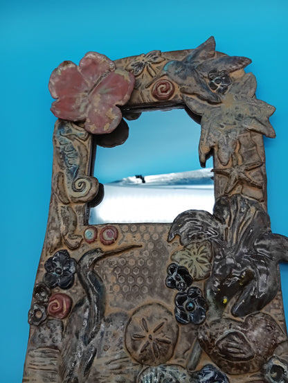 Handmade Ceramic Coastal Mirror with Hibiscus & Heron – 13.5" x 8"