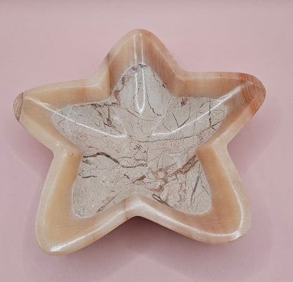 Polished Onyx Star Dish – Pale Marbled Stone Bowl 6.25"
