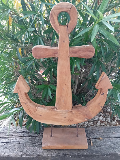 Rustic Teak Anchor Sculpture – Coastal Nautical Decor