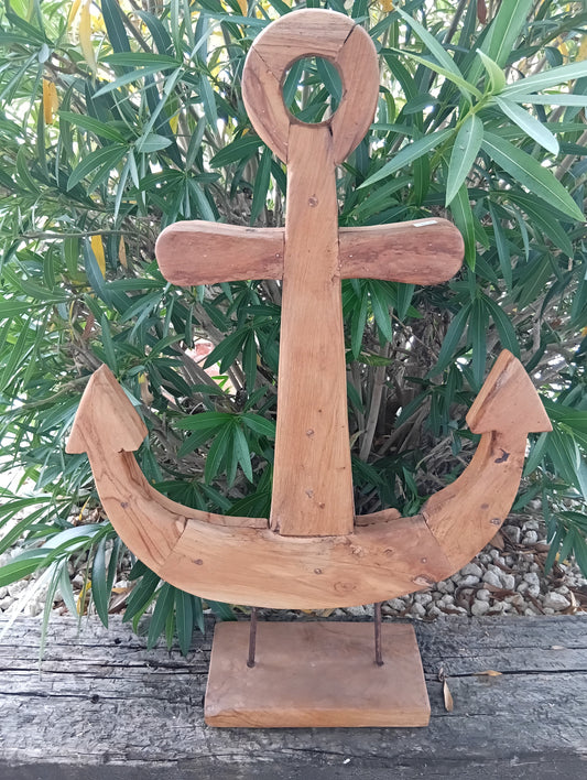 Rustic Teak Anchor Sculpture – Coastal Nautical Decor