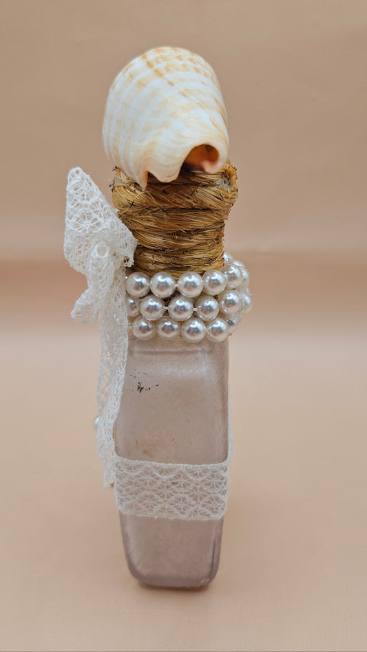 Vintage Coastal Decor Bottle – 5.5"x2" – Seashell & Starfish Embellished Nautical Accent