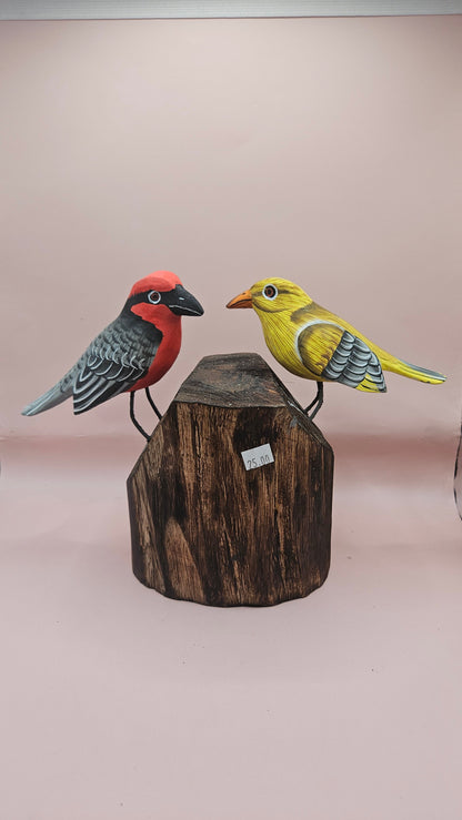Handmade Wooden Songbird Figurines – on Natural Stump Base-Rustic Woodland Decor
