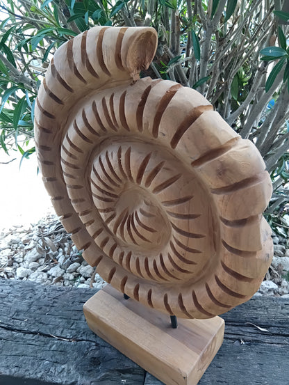 Wooden Ammonite Fossil Sculpture – Coastal Carved Spiral Décor on Stand