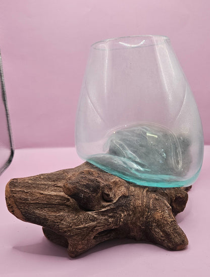 Small/Medium Teak Root Driftwood and Molten Glass Terrarium- Single Globe