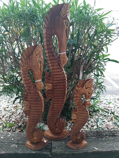 Hand-Carved Wooden Seahorse Sculpture – Coastal Decor in Blue, Teal, or Brown