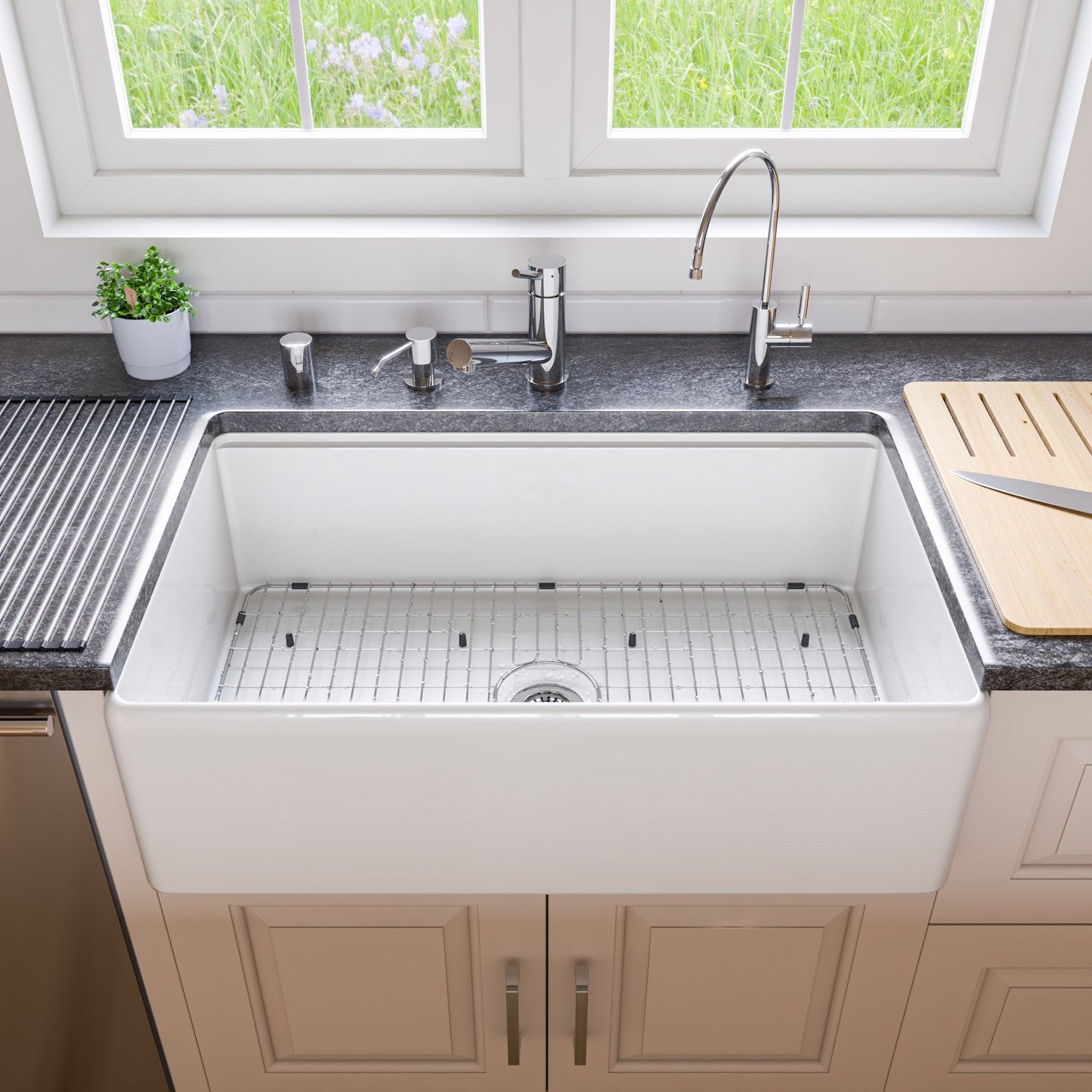 ALFI brand ABFS3320S Workstation 33" x 20" Single Bowl Step Rim Fireclay Farm Sink with Accessories