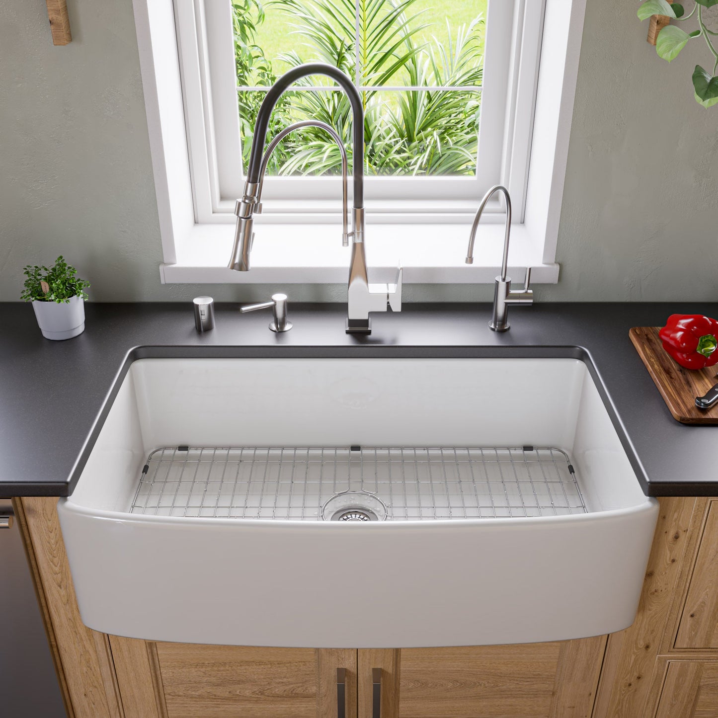 ALFI brand ABFC3620S ABFC3620S-W White Smooth Curved Apron 36" x 20" Single Bowl Fireclay Farm Sink with Grid