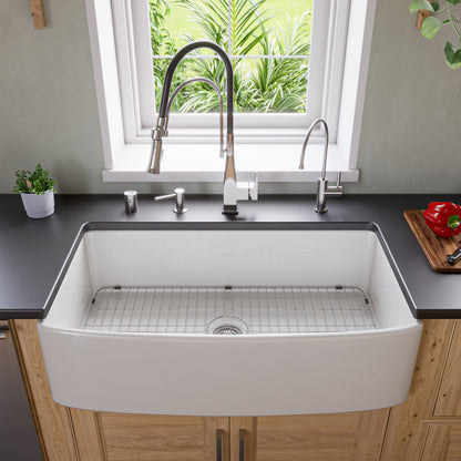 ALFI brand ABFC3620S ABFC3620S-W White Smooth Curved Apron 36" x 20" Single Bowl Fireclay Farm Sink with Grid