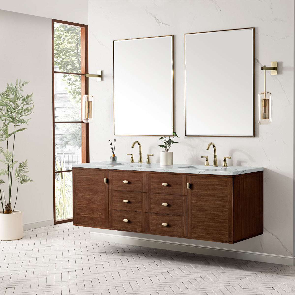 Amberly 72" Double Vanity Cabinet, Mid-Century Walnut