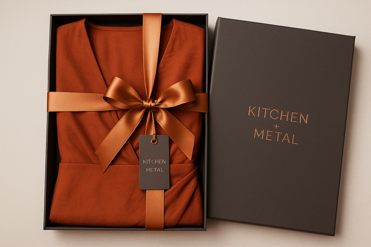 Rust-colored wrap dress gift wrapped with Kitchen + Metal branding