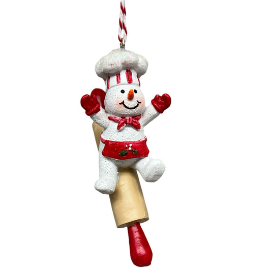 Resin Holiday Snowman Chef  with Rolling Pin Ornament