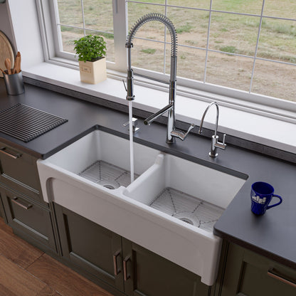 ALFI brand AB3918ARCH Arched Apron Thick Wall Fireclay Double Bowl Farm Sink