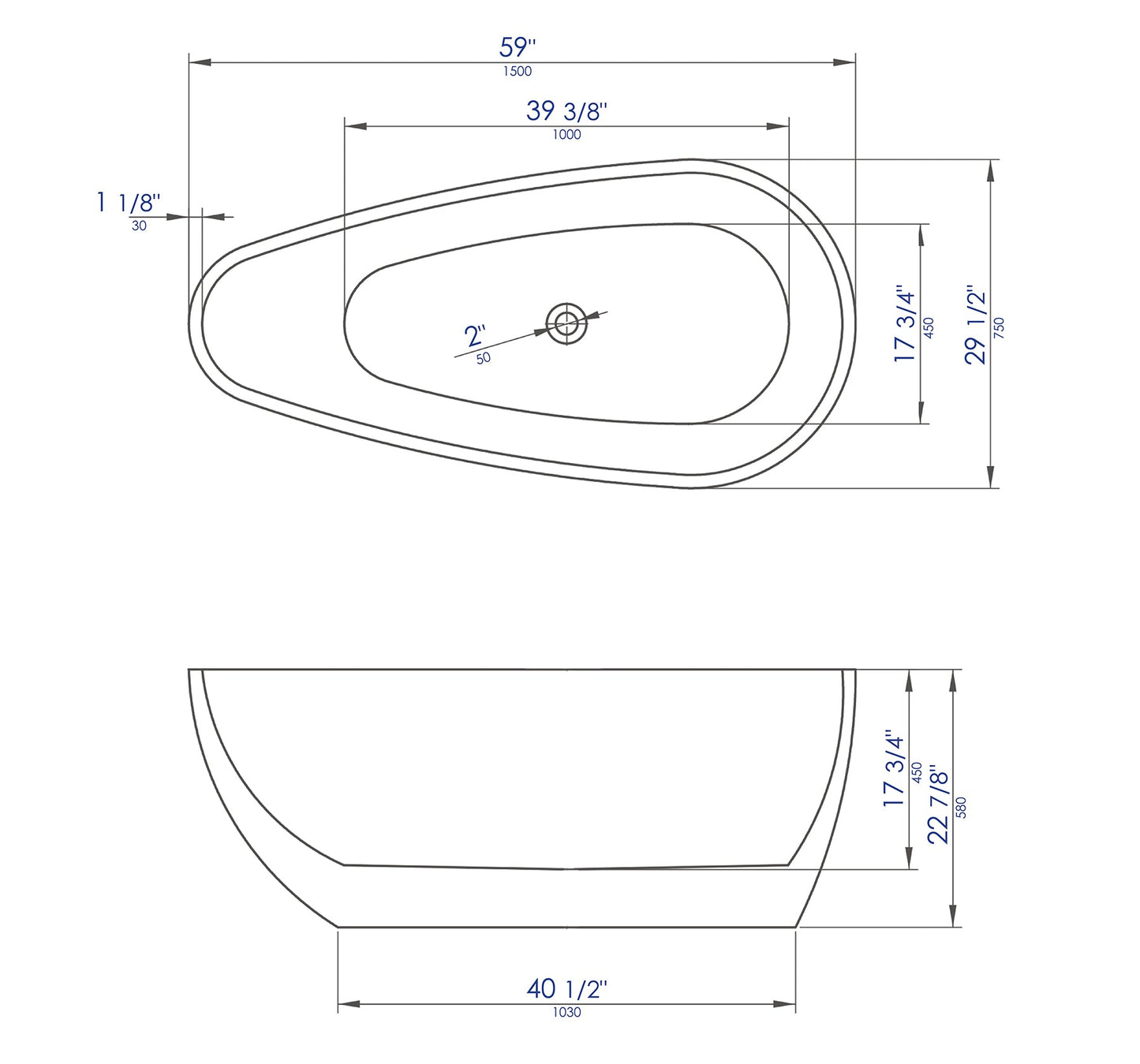 ALFI brand  AB8862 59 inch Black & White Oval Acrylic Free Standing Soaking Bathtub