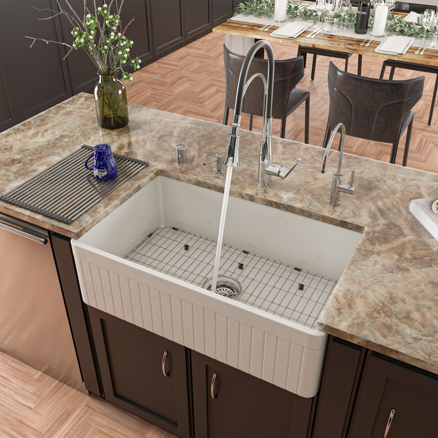 ALFI brand AB532 AB532-W 33" White Single Bowl Fluted Apron Fireclay Farm Sink