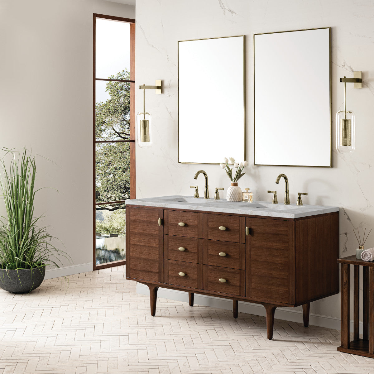 Amberly 60" Double Vanity Cabinet, Mid-Century Walnut