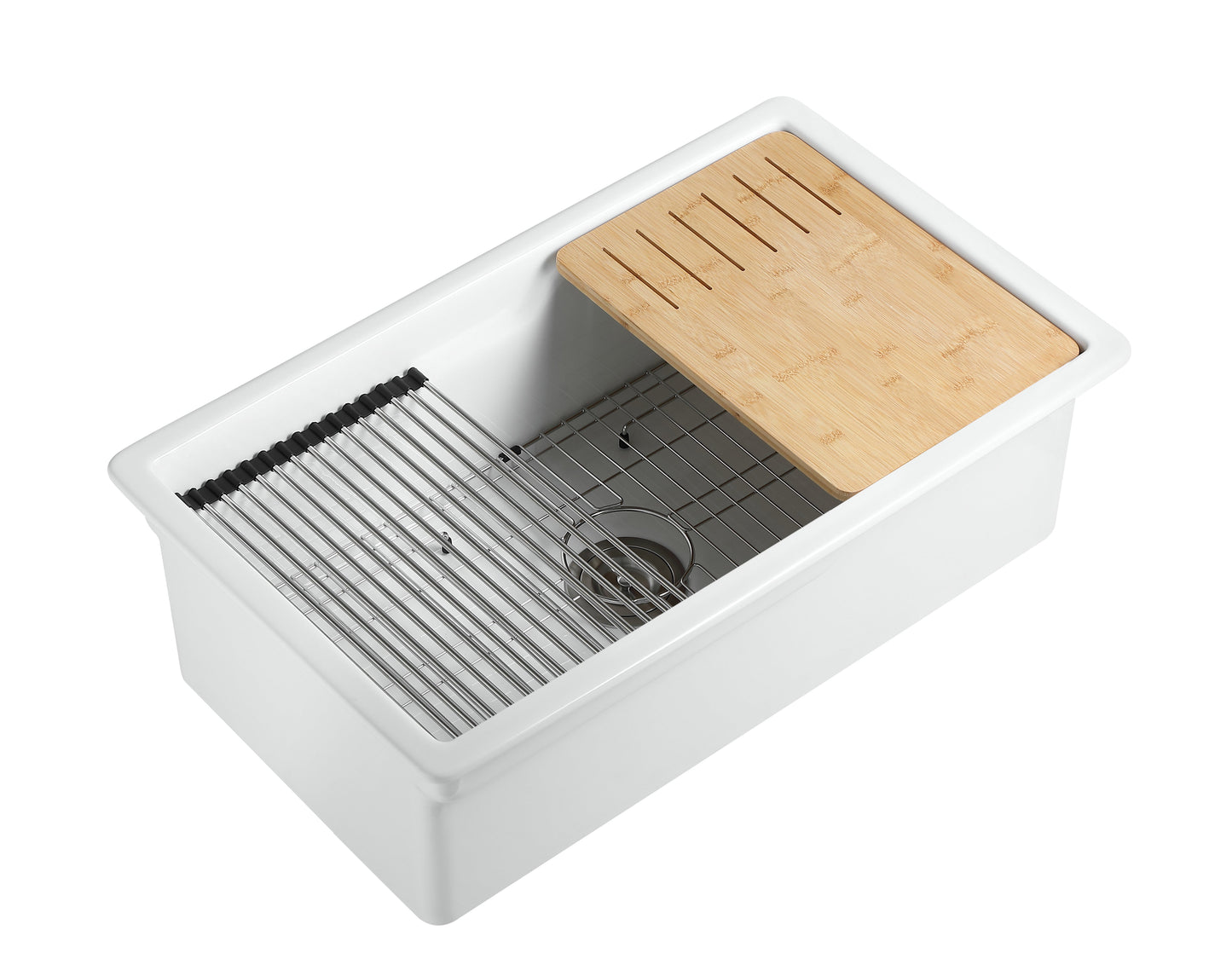ALFI brand ABFS3219SUD ABFS3219SUD-W  White 32" x 19" Workstation Step Rim Single Bowl Fireclay Undermount / Drop In Kitchen Sink