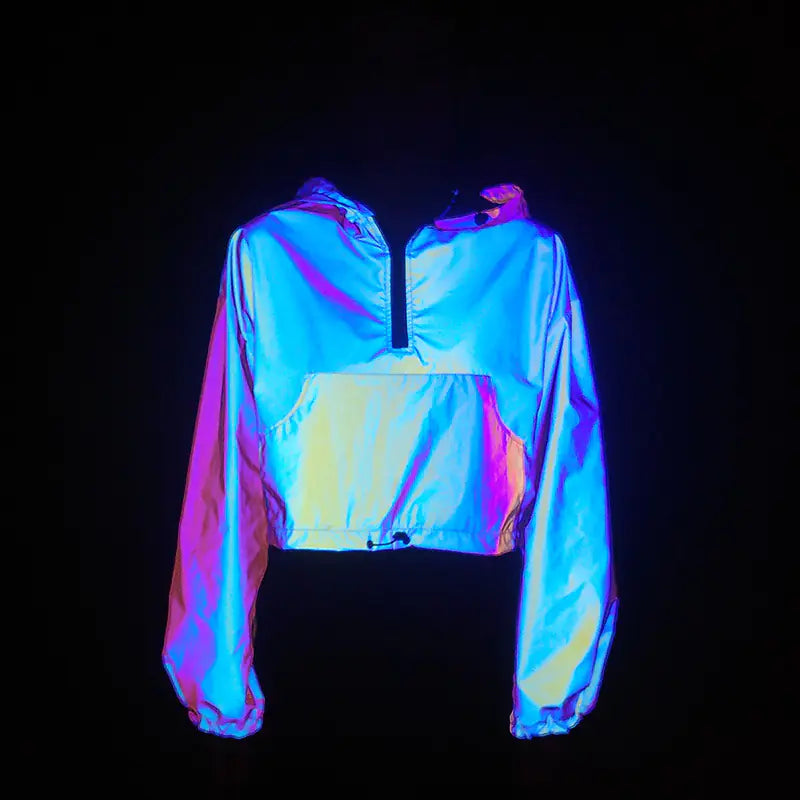 Women's Colorful Reflective Hooded Jacket Crop Top