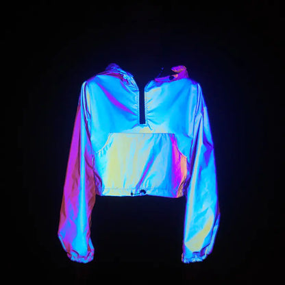 Women's Colorful Reflective Hooded Jacket Crop Top