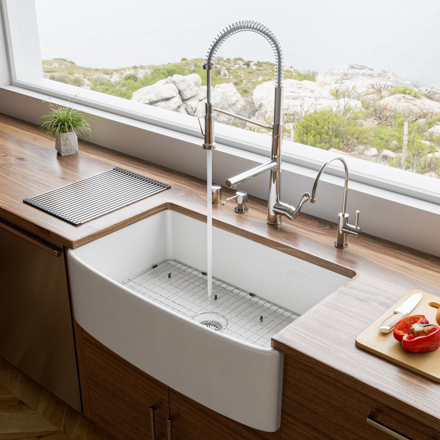 ALFI brand ABFC3320S ABFC3320S-W White Smooth Curved Apron 33" x 20" Single Bowl Fireclay Farm Sink with Grid