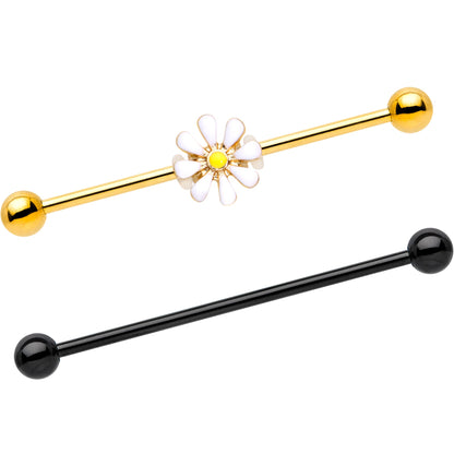 14G Black Gold Tone Daisy Flower Industrial Barbell 38mm Set of 2