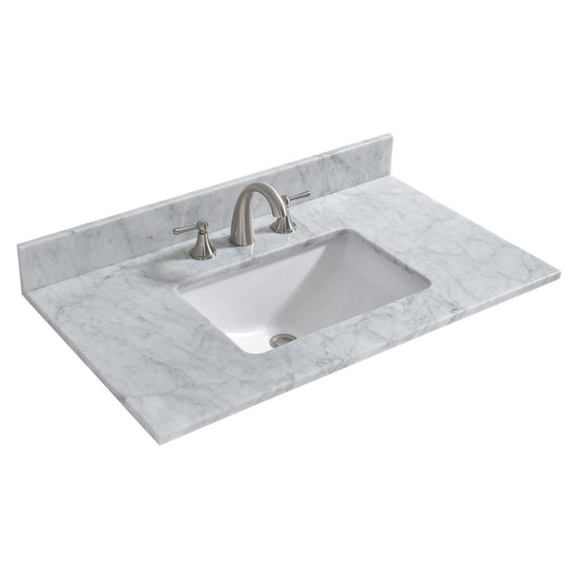 WOODBRIDGE 37" x22" Vanity Top with Single Under Mount Rectangle Bowl, Carrara White Marble, Pre-drilled with 3-hole for 8-inch Widespread Faucet set up Option