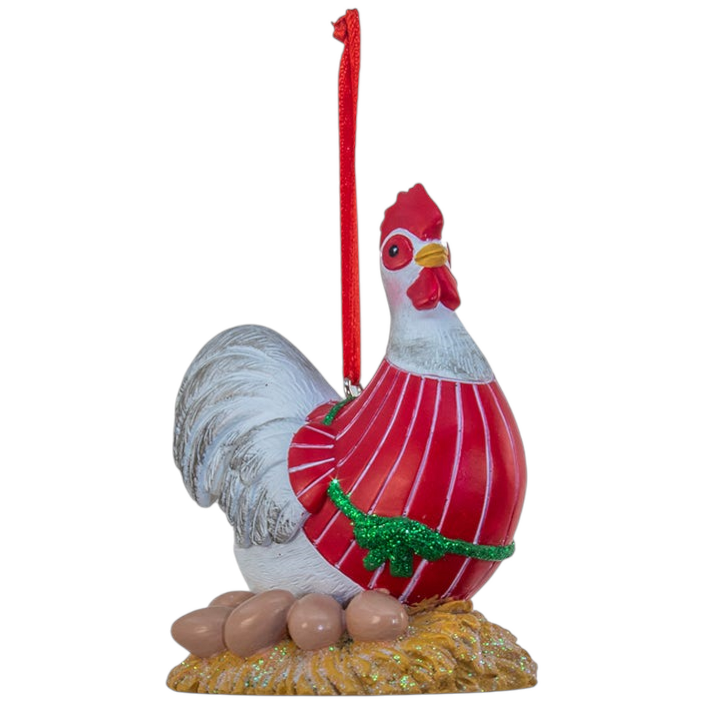 Decorative rooster ornament with red body, white head, and brown eggs on a white background.