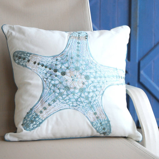 Sea Glass Embroidered Starfish Indoor/Outdoor Pillow