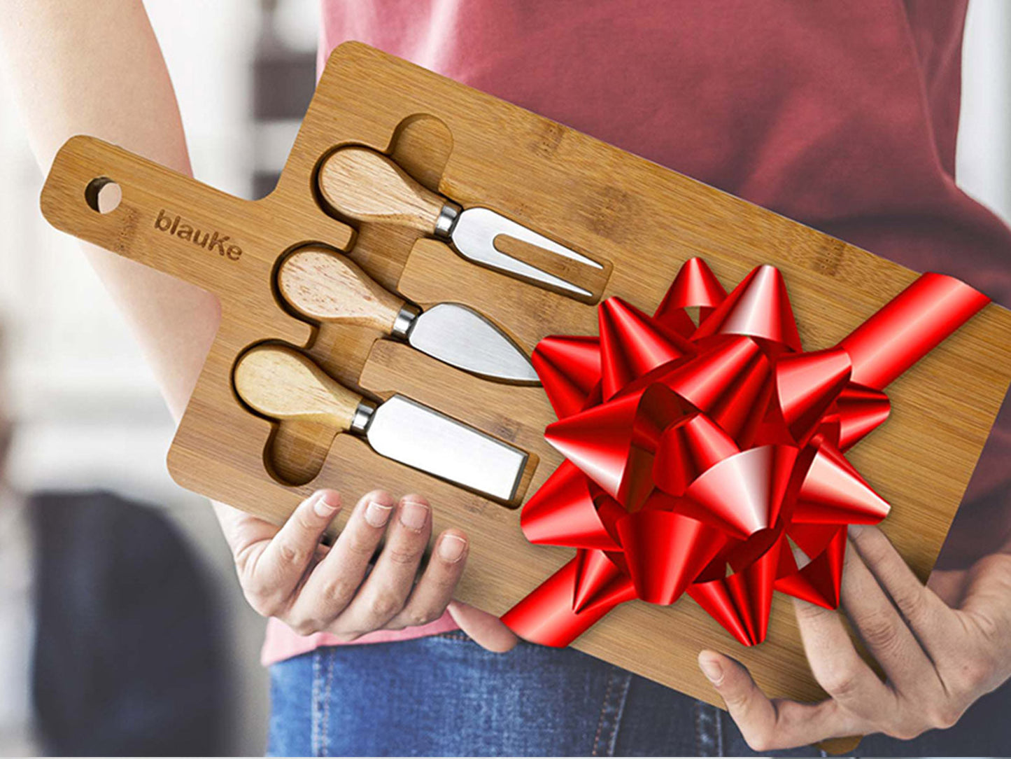 Bamboo Cheese Board and Knife Set - 12x8 inch Charcuterie Board | Kitchen + Metal