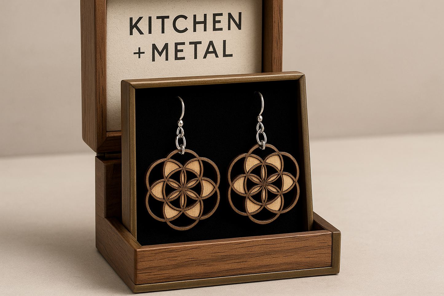 Seed of Life Earrings Kitchen + Metal Display Case